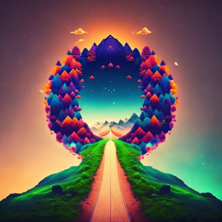 Circular surreal landscape with vibrant path, mountains, starry sky, and colorful symmetrical trees.