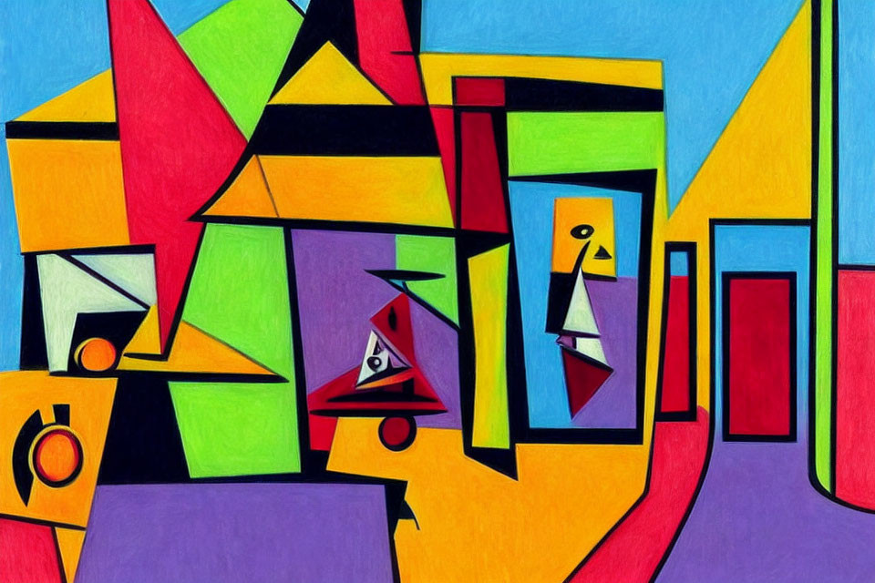 Vibrant geometric shapes and lines in colorful abstract painting