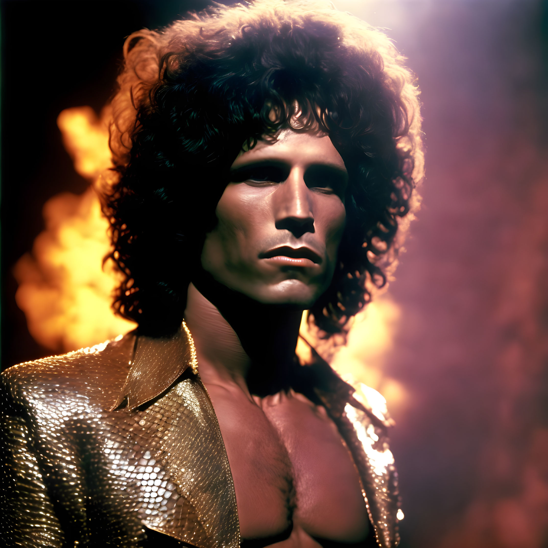 Curly-Haired Person in Gold Jacket with Fiery Background