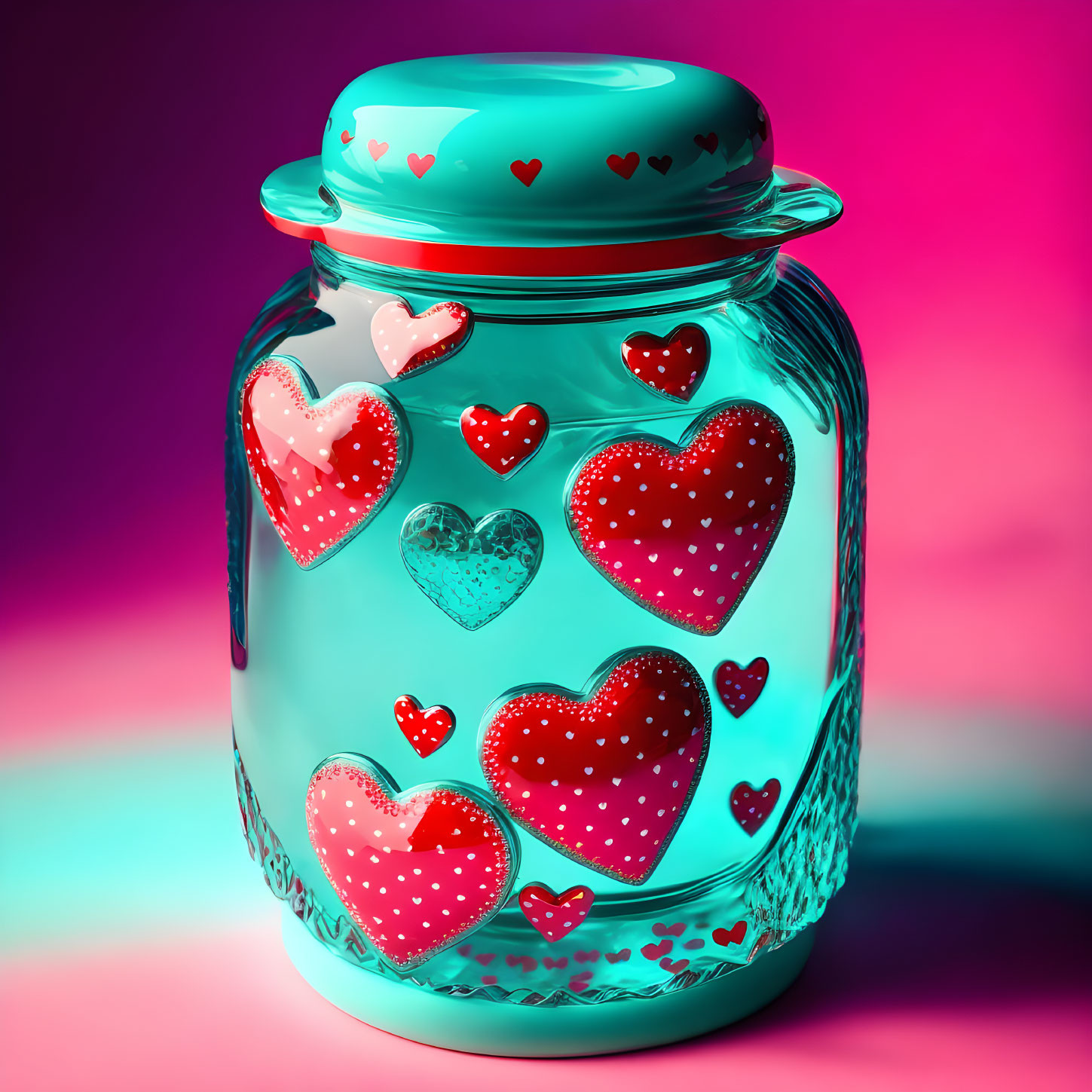 Teal Glass Jar with Heart Patterns on Pink and Purple Background