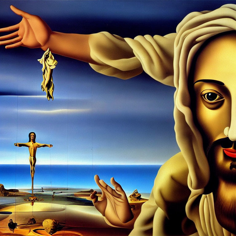 Surreal painting: Jesus face, crucifix, angel, symbolic items on checkerboard landscape