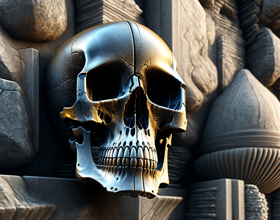 Metallic skull with golden highlights on stone-like backdrop