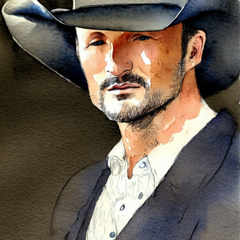 Watercolor portrait of a bearded man in a cowboy hat and dark coat