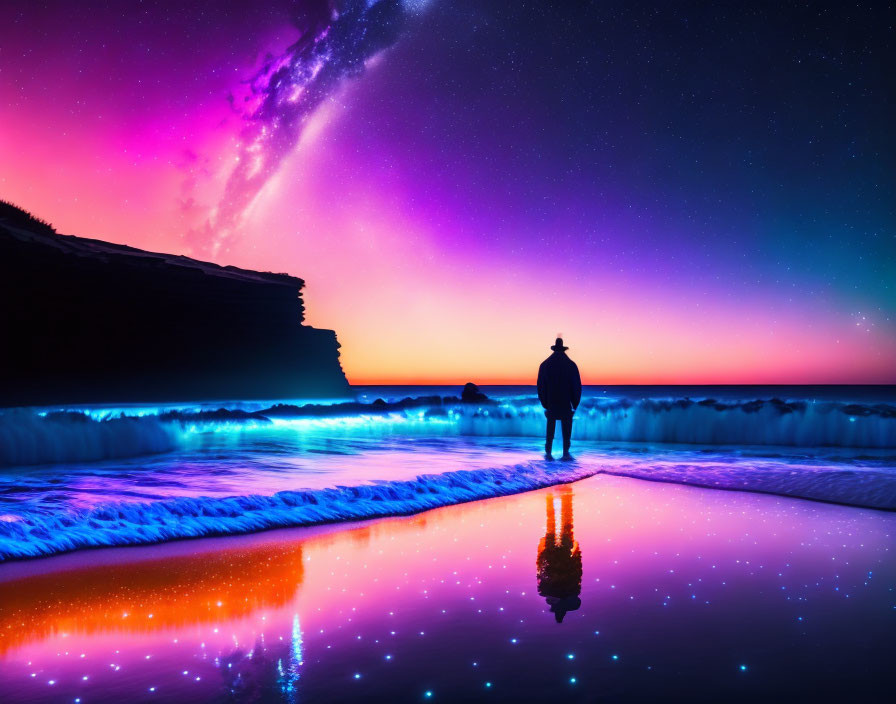 Twilight scene: Person on beach admiring vibrant purple and pink sky reflected on water