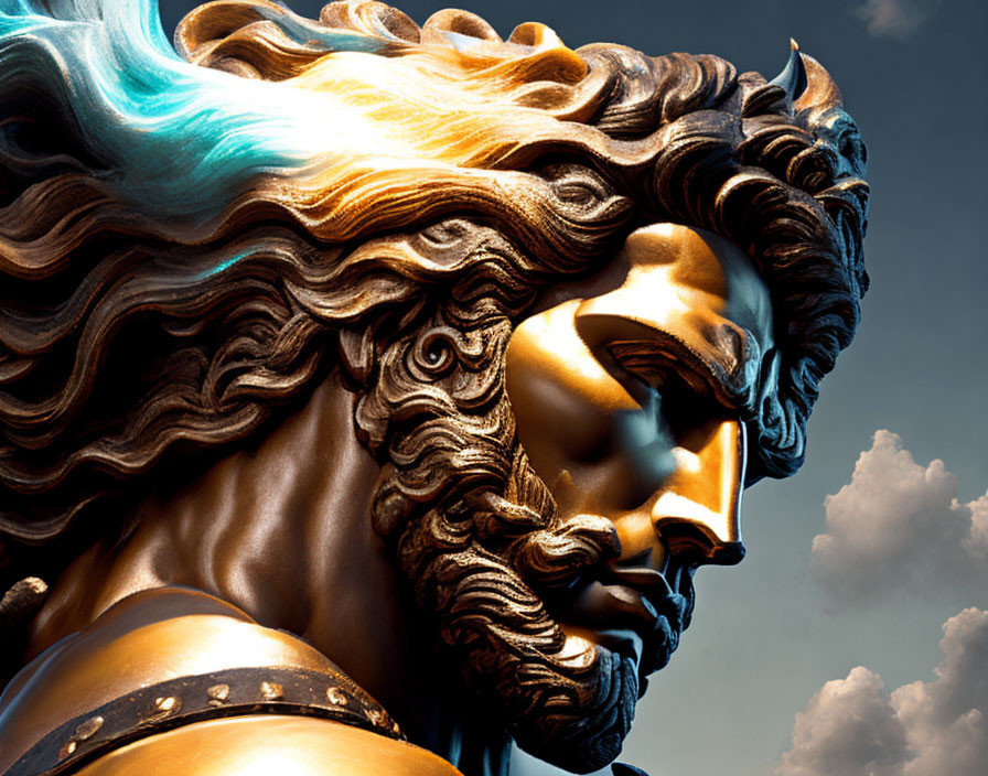 Close-up of vibrant classical statue with bearded male figure and flowing hair against cloudy sky