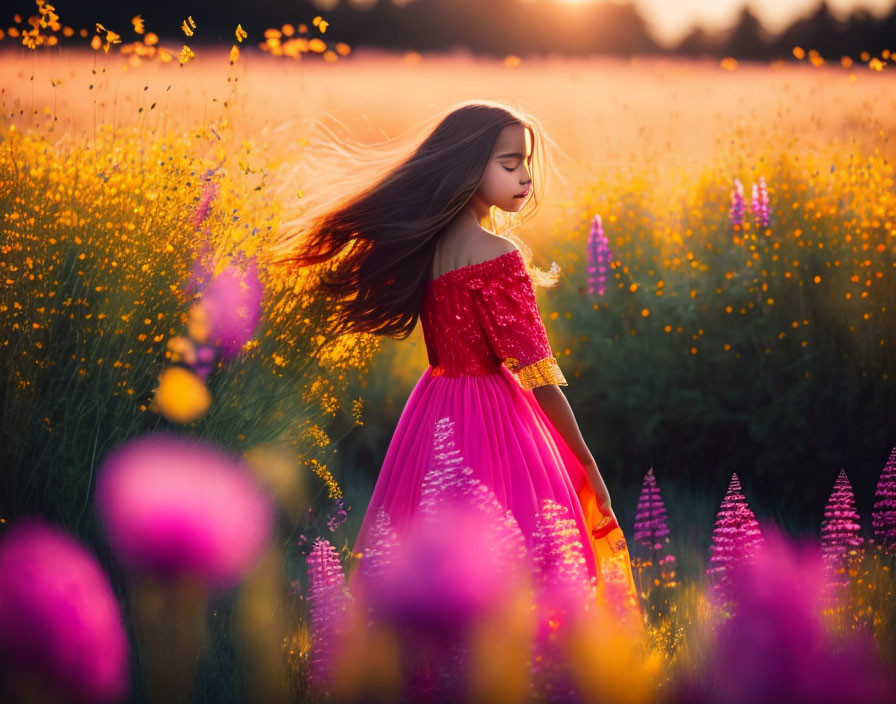 Girl in Red Dress Surrounded by Purple Wildflowers at Sunset