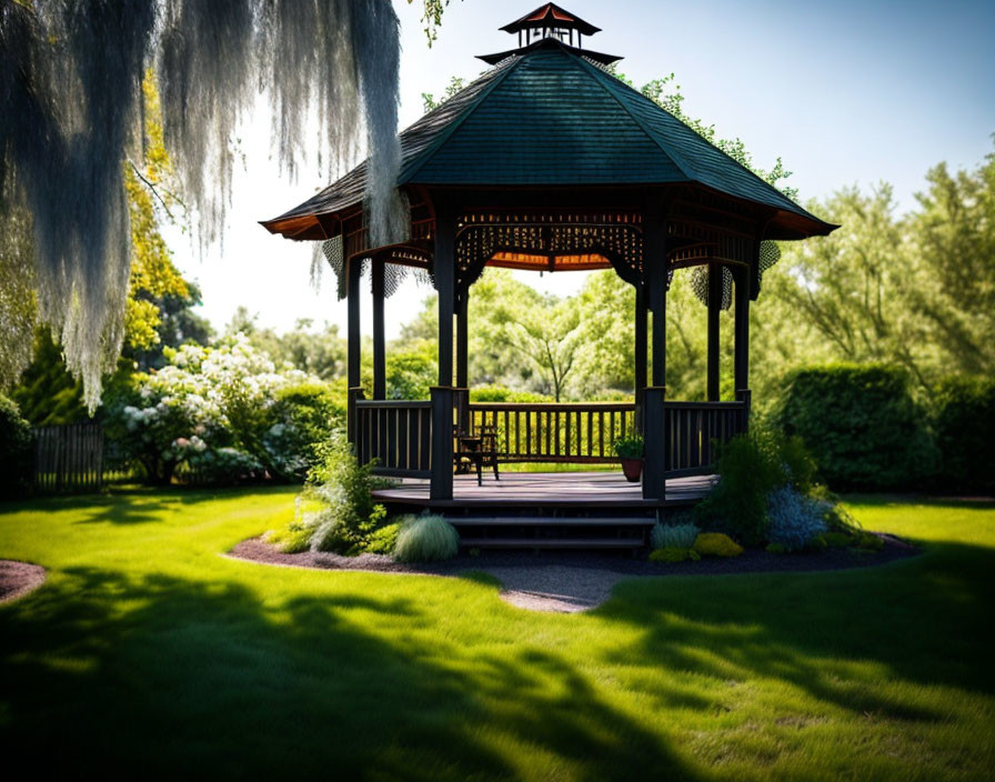 Tranquil garden scene with wooden gazebo and lush greenery