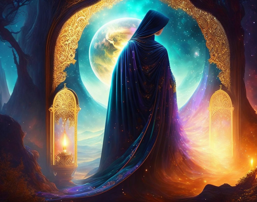 Cloaked Figure at Moonlit Gateway in Fantastical Forest