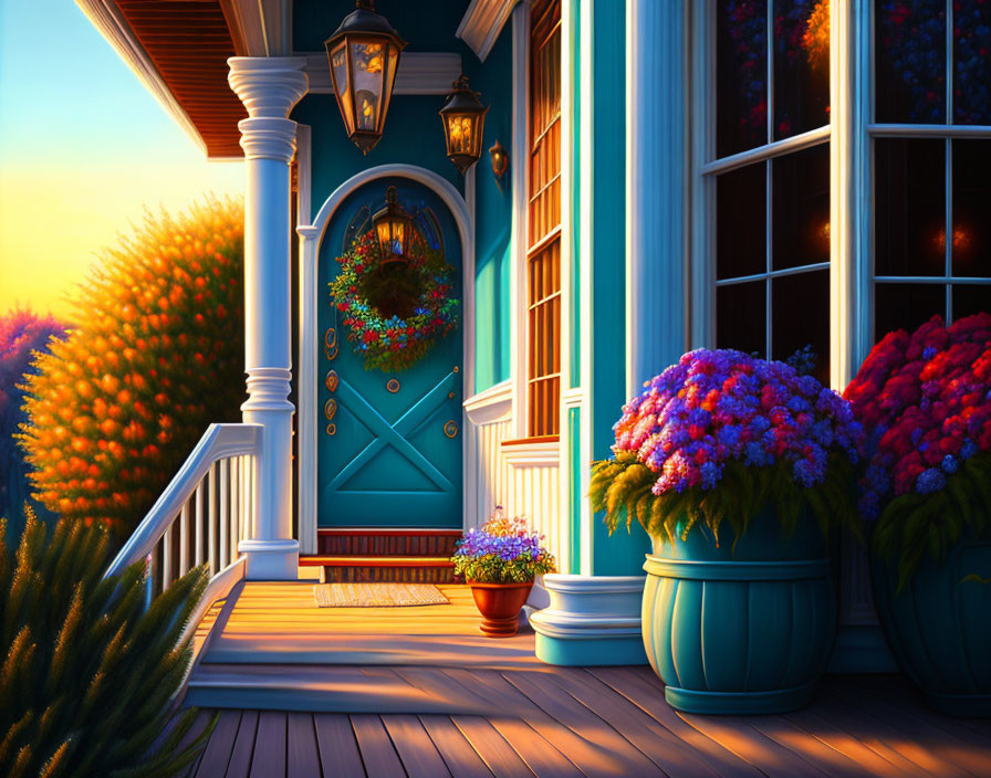 Teal Door Porch with Lush Flowers at Sunset