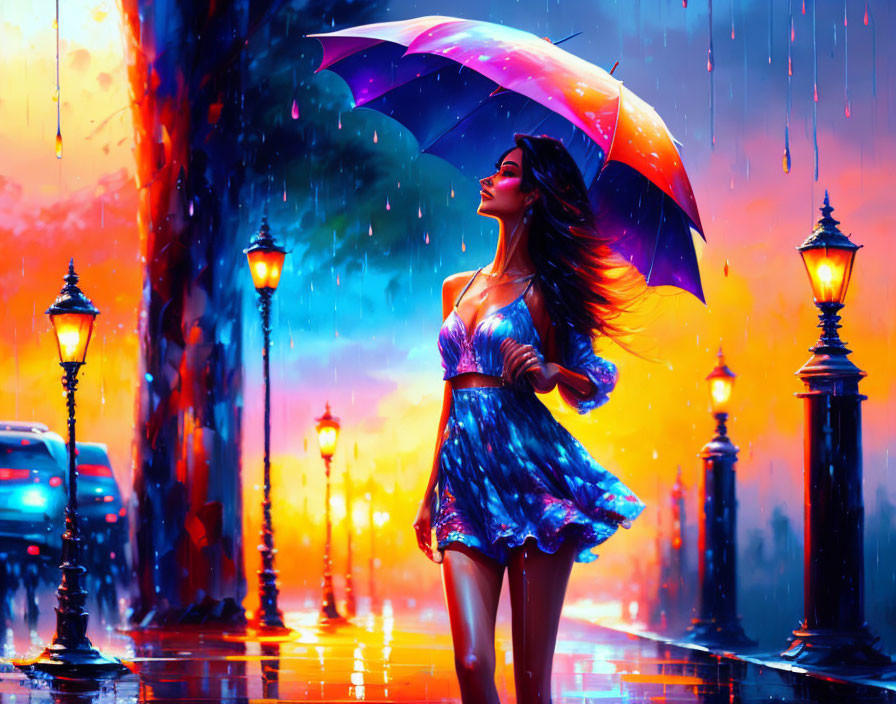 Woman with umbrella walking on vibrant, rain-drenched street