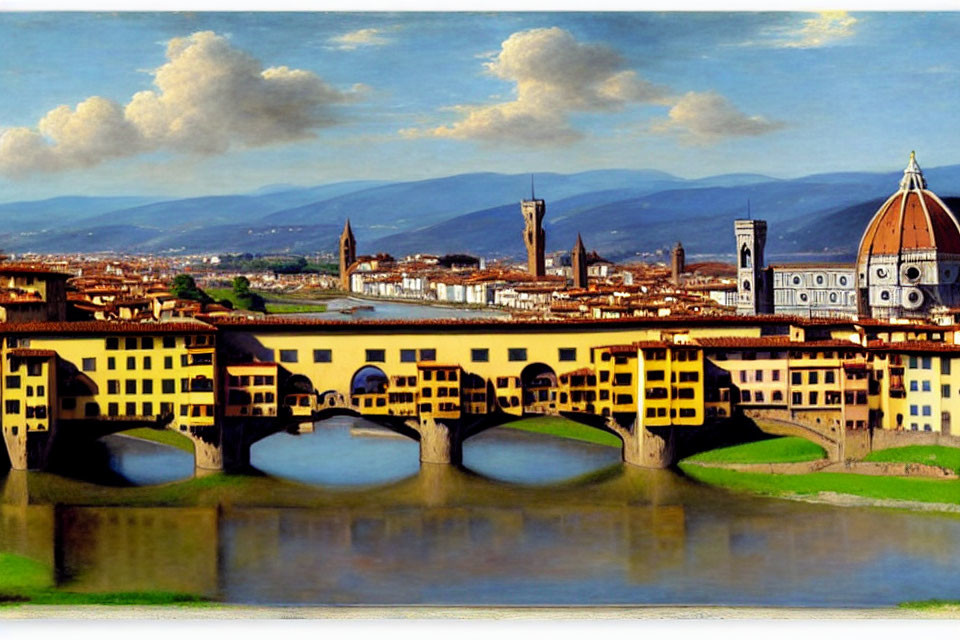 Florence's Arno River, Ponte Vecchio, Duomo in cloudy sky