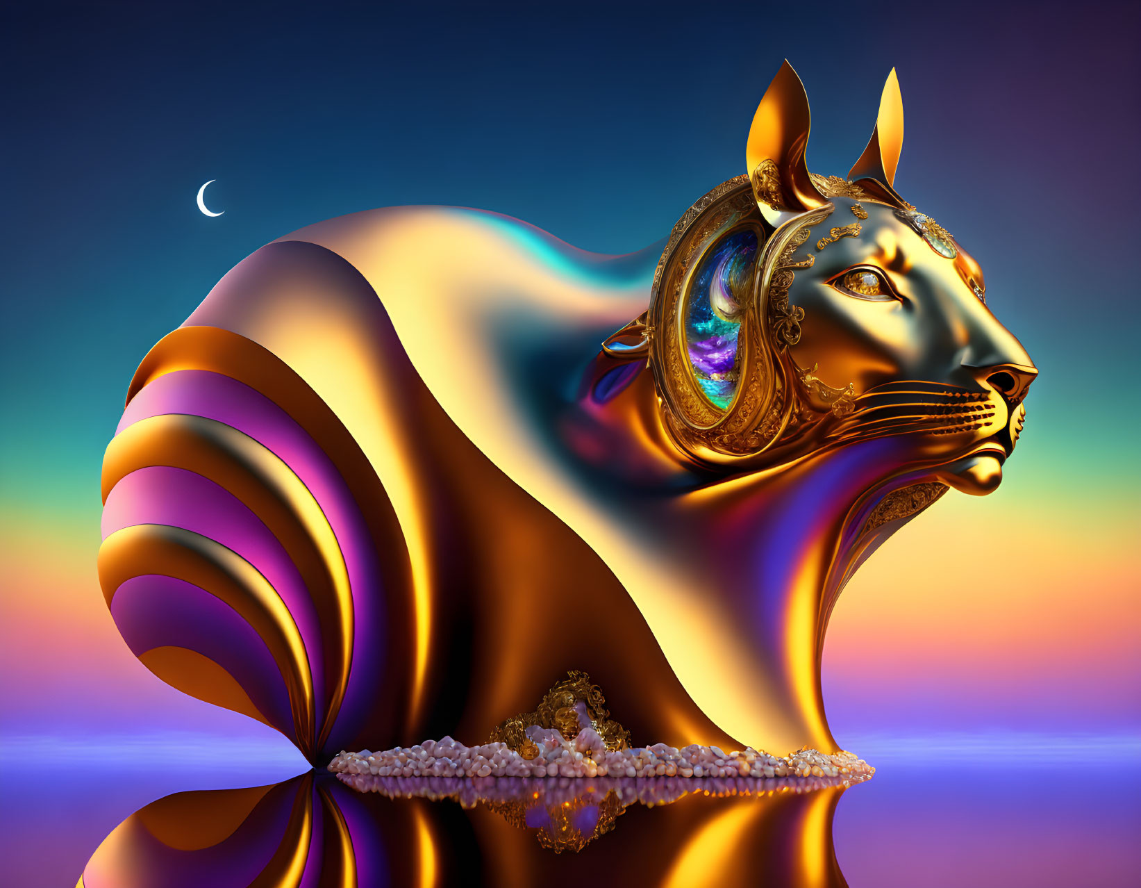 Golden Feline Sculpture with Ornate Decorations in Colorful Sunset Scene