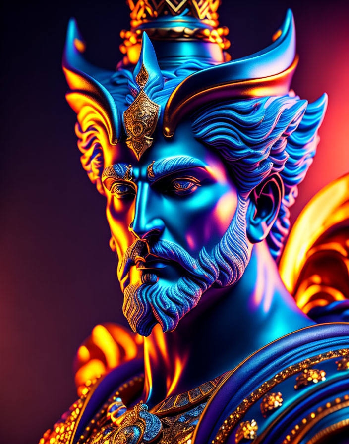 Stylized mythical king with blue beard in ornate golden armor