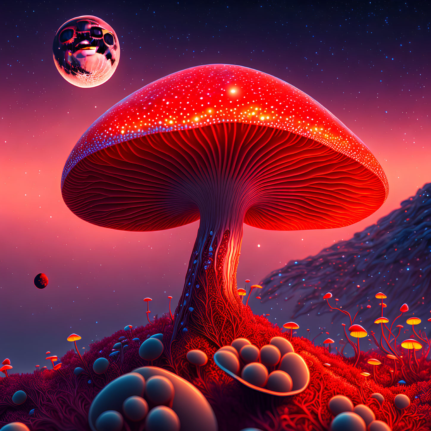 Fantasy landscape with glowing mushroom under starry sky