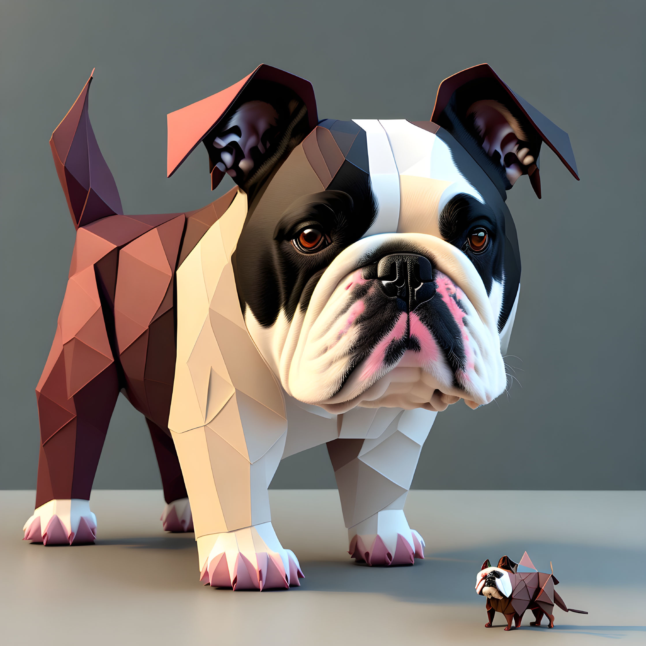 Low-poly 3D model of bulldog beside real-life counterpart