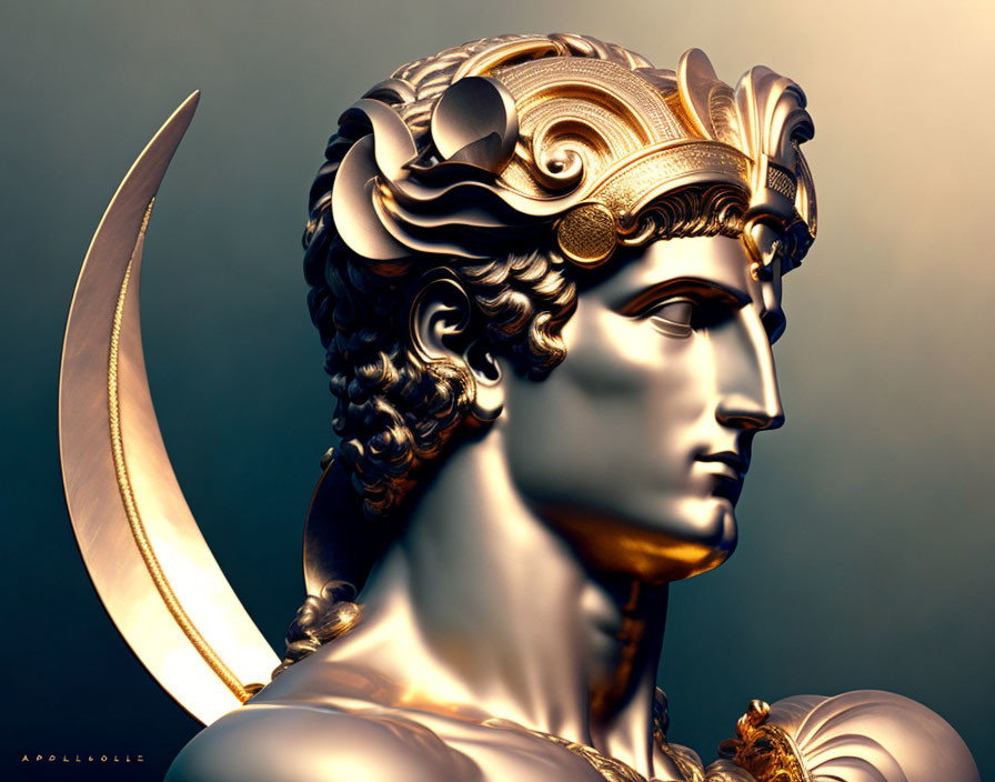 Golden statue digital artwork with intricate classical detailing and crested helmet.