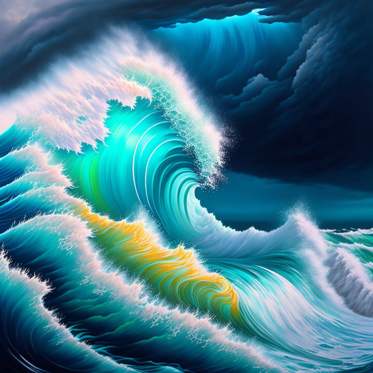 Vibrant swirling ocean wave with intricate patterns in digital artwork