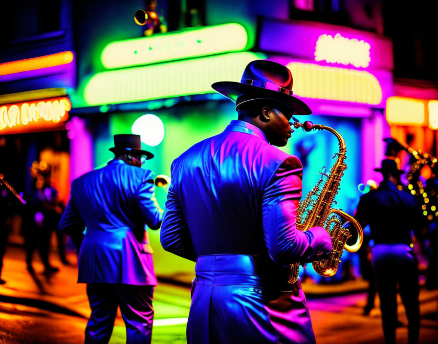 Neon-lit street scene with saxophone-playing musicians in suits