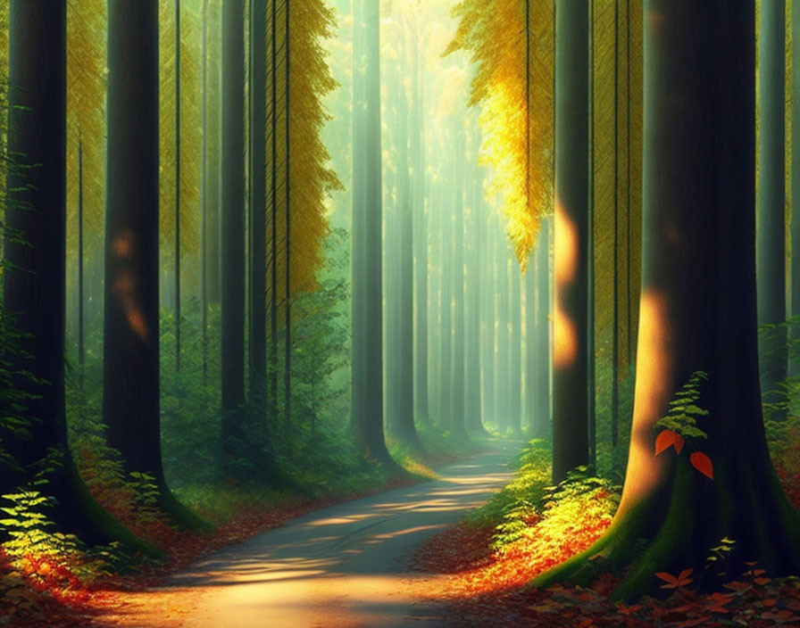 Tranquil forest path with tall trees and autumn leaves