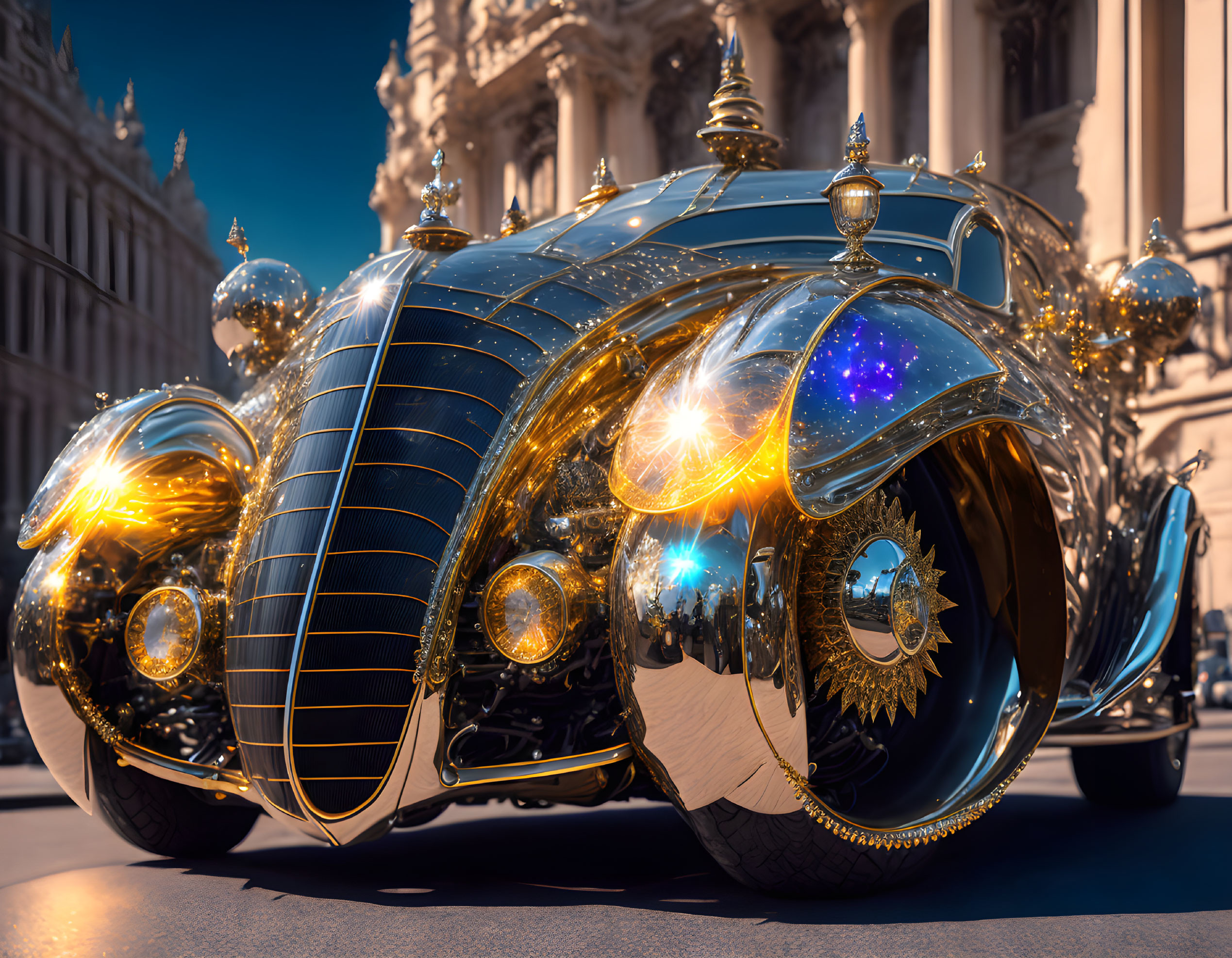 Futuristic gold vehicle with intricate patterns on classical architecture backdrop