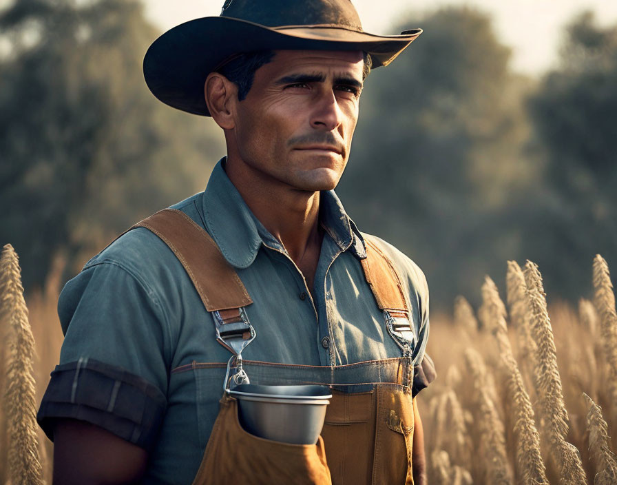 Cowboy hat man with suspenders in wheat field holding metal pail