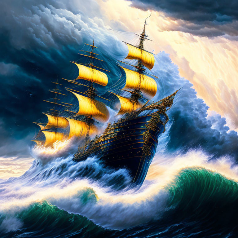 Majestic tall ship with golden sails navigating stormy seas