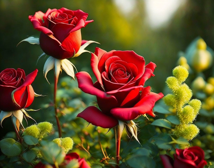 Blooming red roses with green foliage and sunlight background