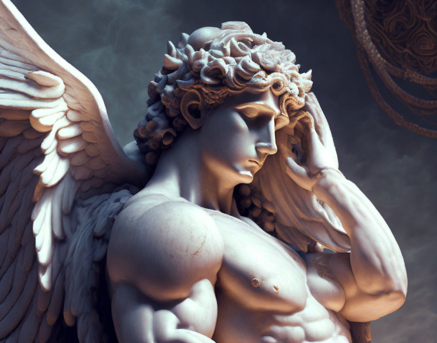 Detailed sculpture of pensive angel with intricate wings and hair