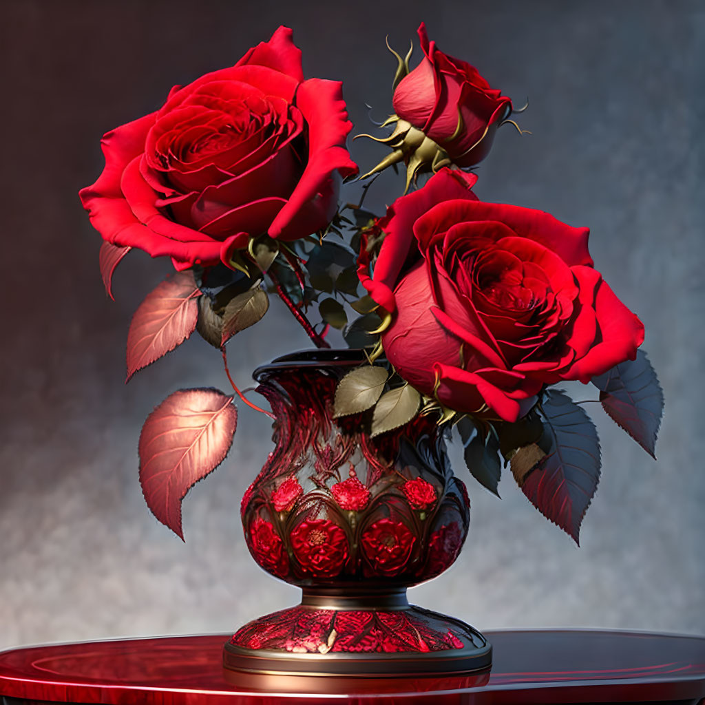 Vibrant red roses in ornate ruby-red vase on muted backdrop