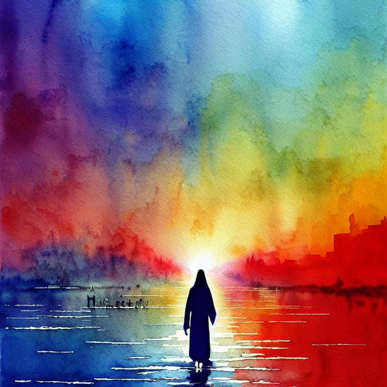 Person's Silhouette Against Vibrant Watercolor Sunset Reflections