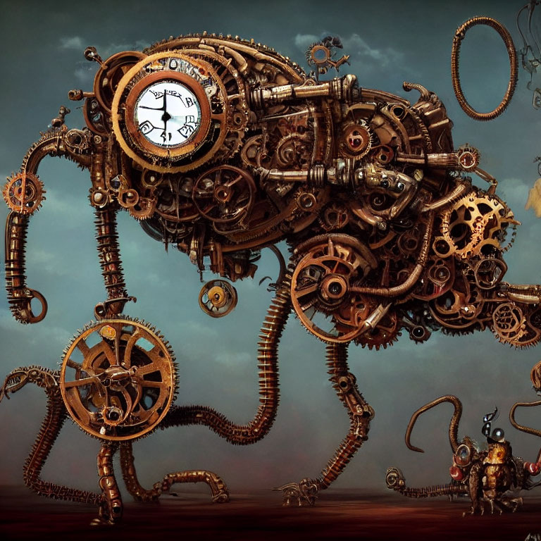 Intricate steampunk mechanical snail on moody background