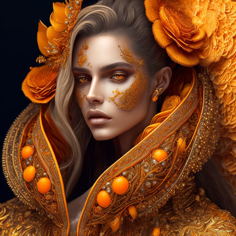 Woman in Orange Floral Attire with Gold Makeup: Elegant and Artistic