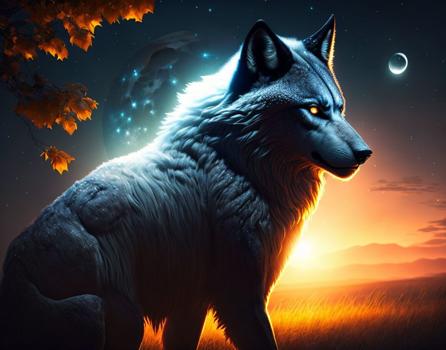 Majestic wolf with glowing eyes in twilight field under moonlit sky