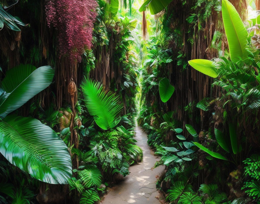 Lush Green Pathway in Tropical Forest with Diverse Flora