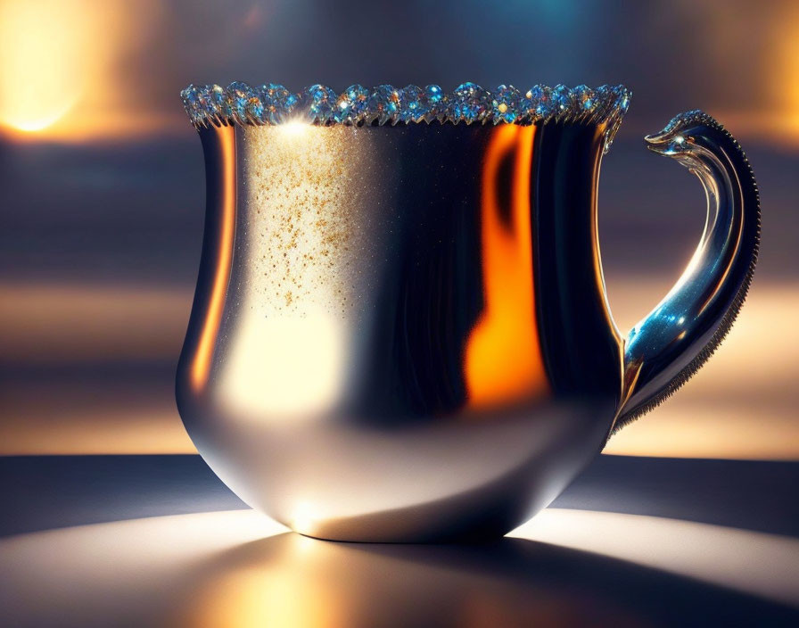 Decorative Silver Pitcher with Ornate Rim on Soft-focus Background