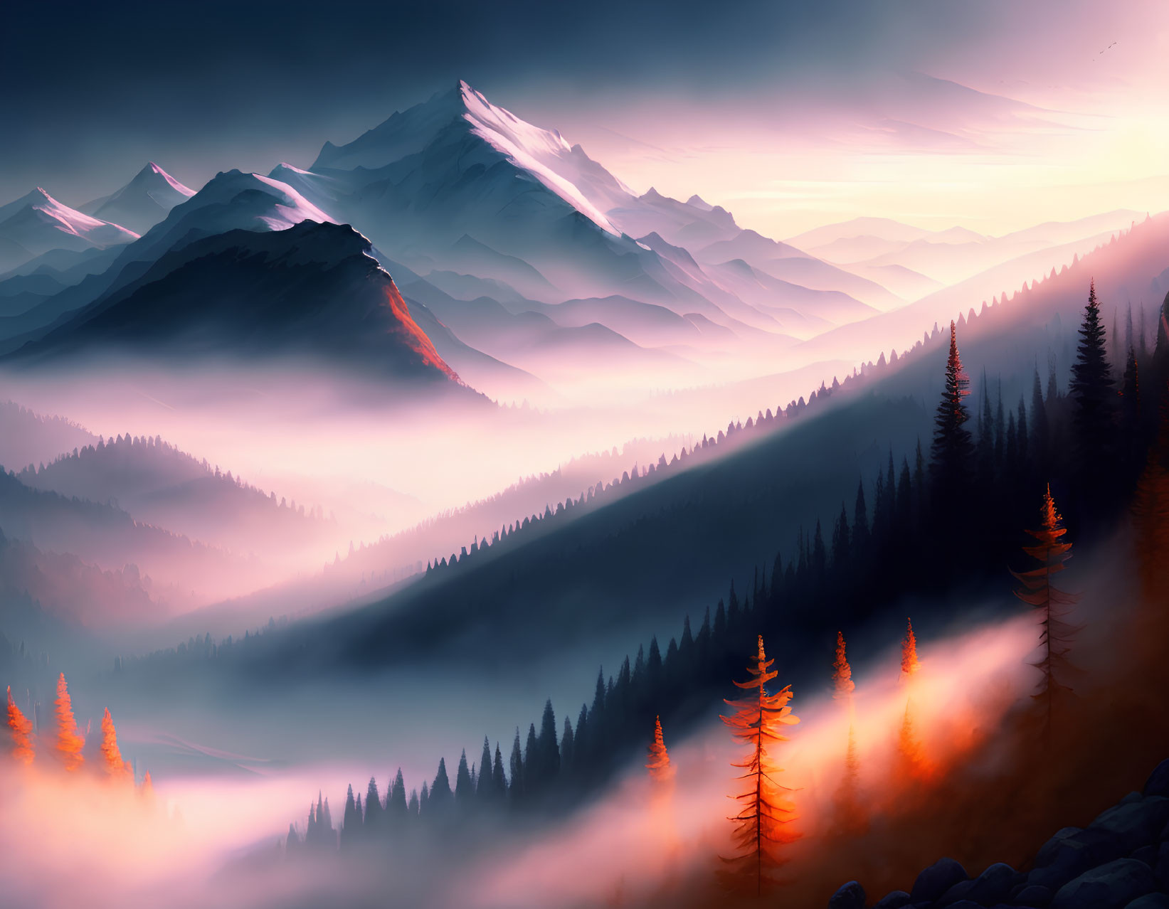 Misty mountains and glowing forests in serene landscape