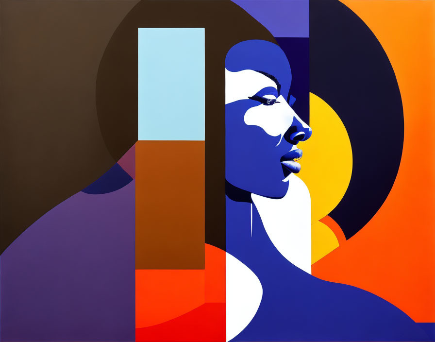 Colorful Abstract Portrait with Geometric Shapes in Orange, Blue, and Purple