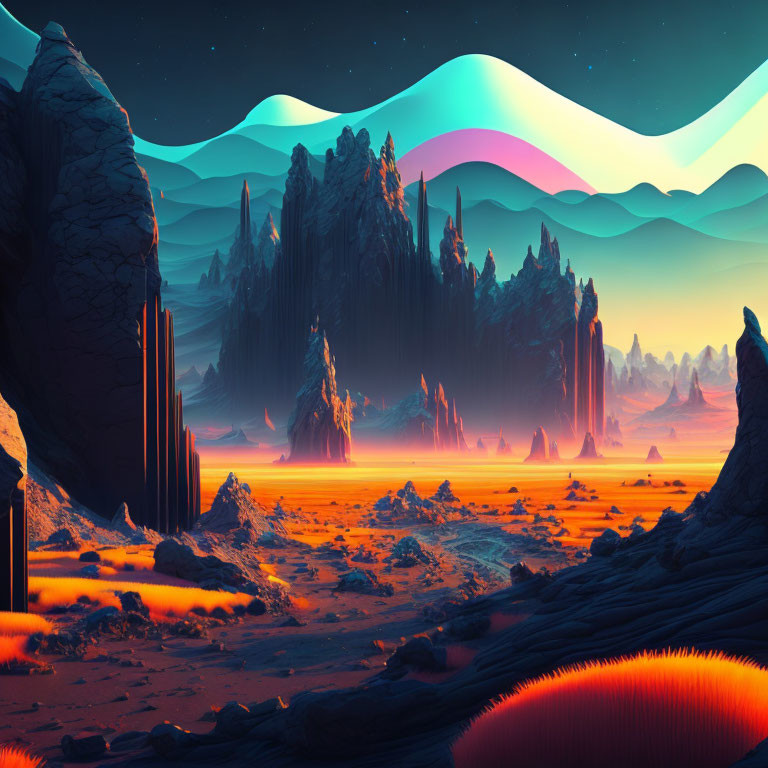 Alien landscape with towering rock formations and rainbow-colored skies