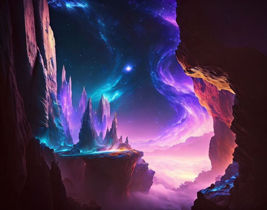 Fantastical landscape with towering crystalline formations under starry sky