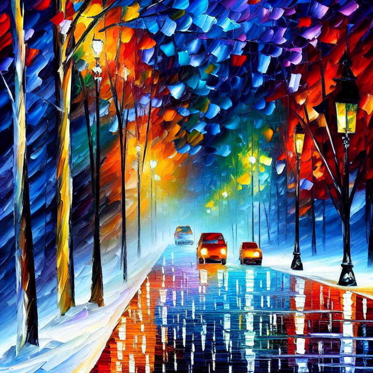 Colorful Painting: Rainy City Street at Night with Lamp Posts, Trees, and Cars