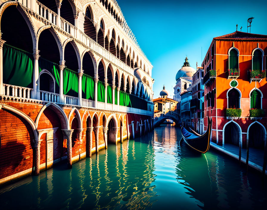 Scenic Venice canal with gondola and colorful buildings