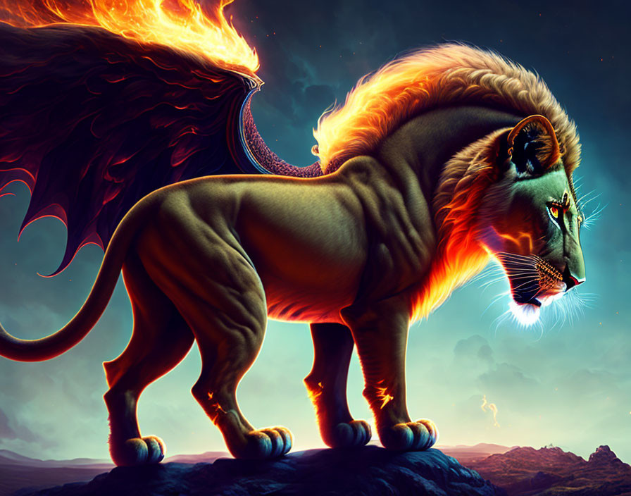 Fantasy-inspired lion with fiery wings and glowing eyes against twilight sky