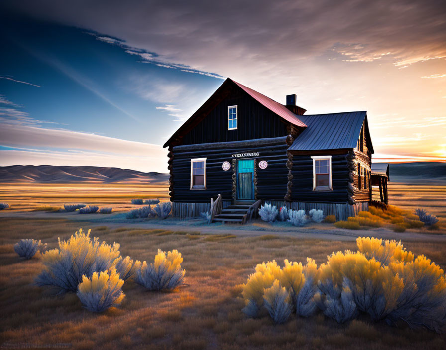 Rustic log cabin in field at sunrise or sunset