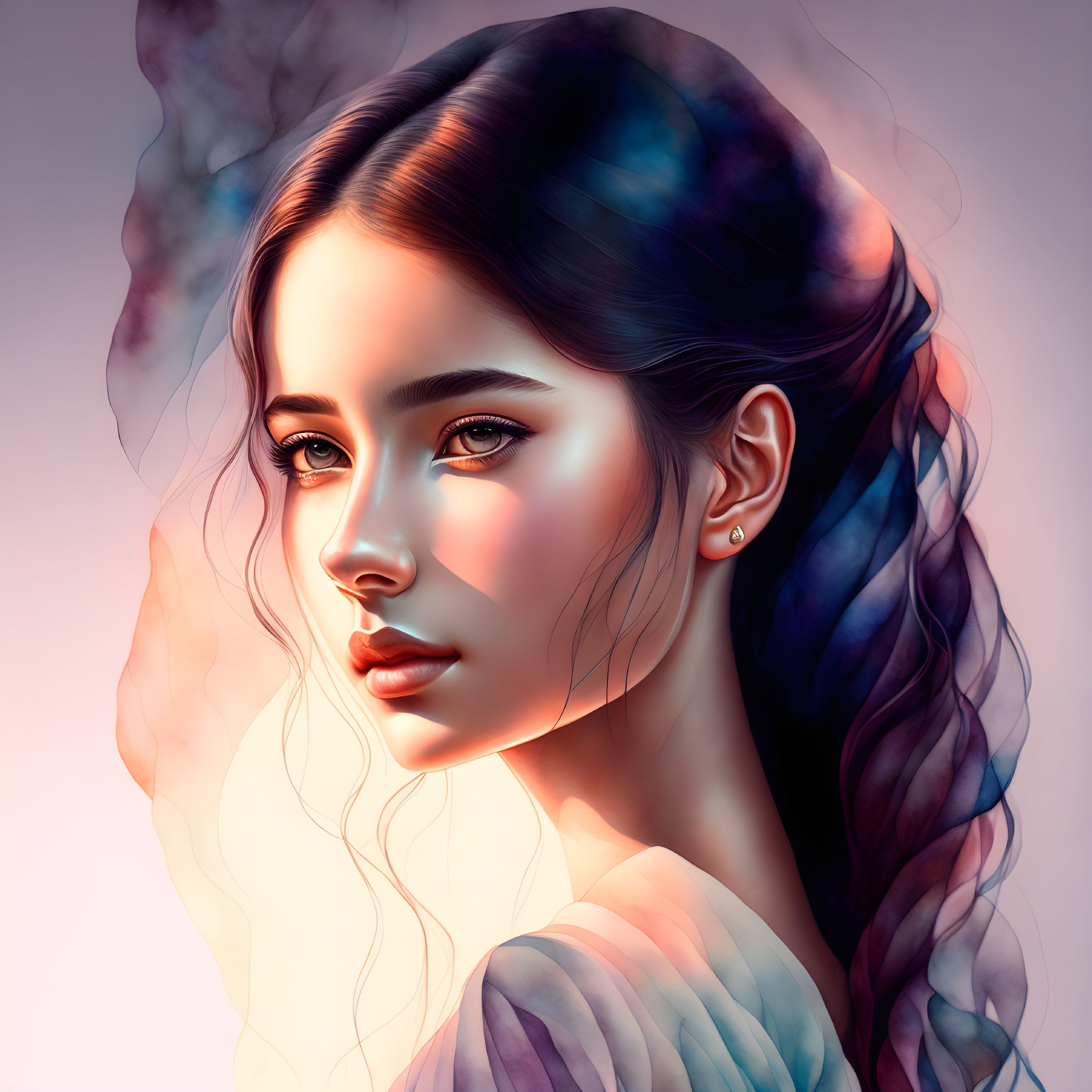 Digital Art Portrait of Woman with Smoke-Like Wisps and Peach Background