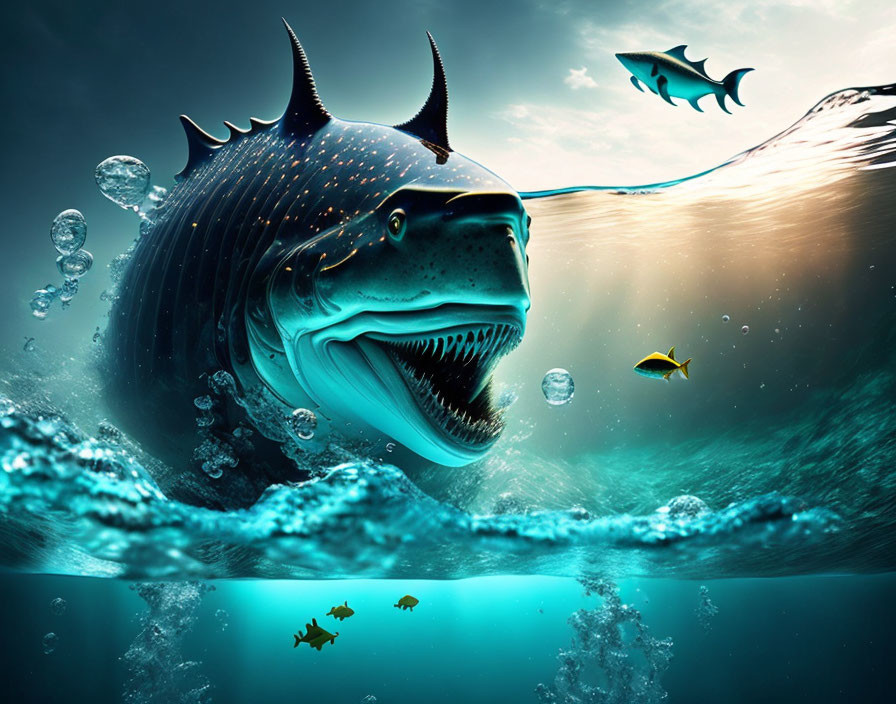 Stylized fish with sharp teeth and horn-like fins in underwater scene