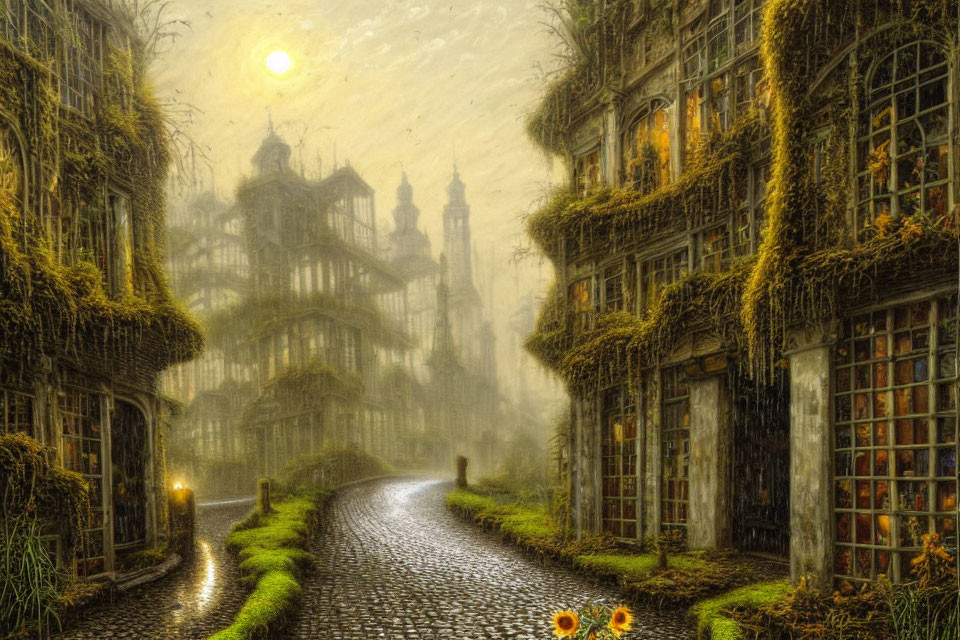 Mysterious cobblestone street with ivy-clad buildings under moonlit haze