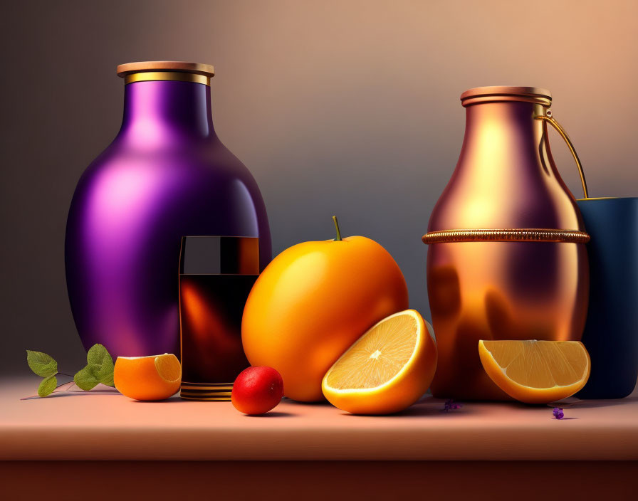 Vibrant still life with purple and gold vases, glass, orange, cherry, slices,