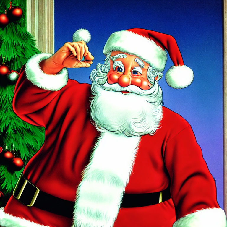 Santa Claus tipping hat beside Christmas tree in red suit