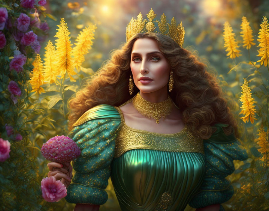 Regal woman with golden crown in vibrant garden holding pink flower