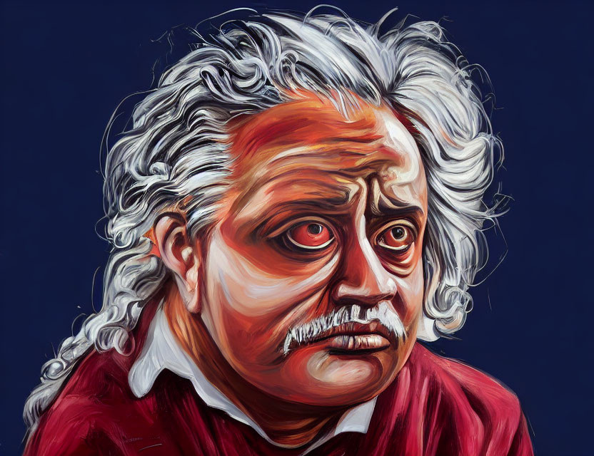 Colorful painting of person with wild white hair, deep-set eyes, and mustache in red garment